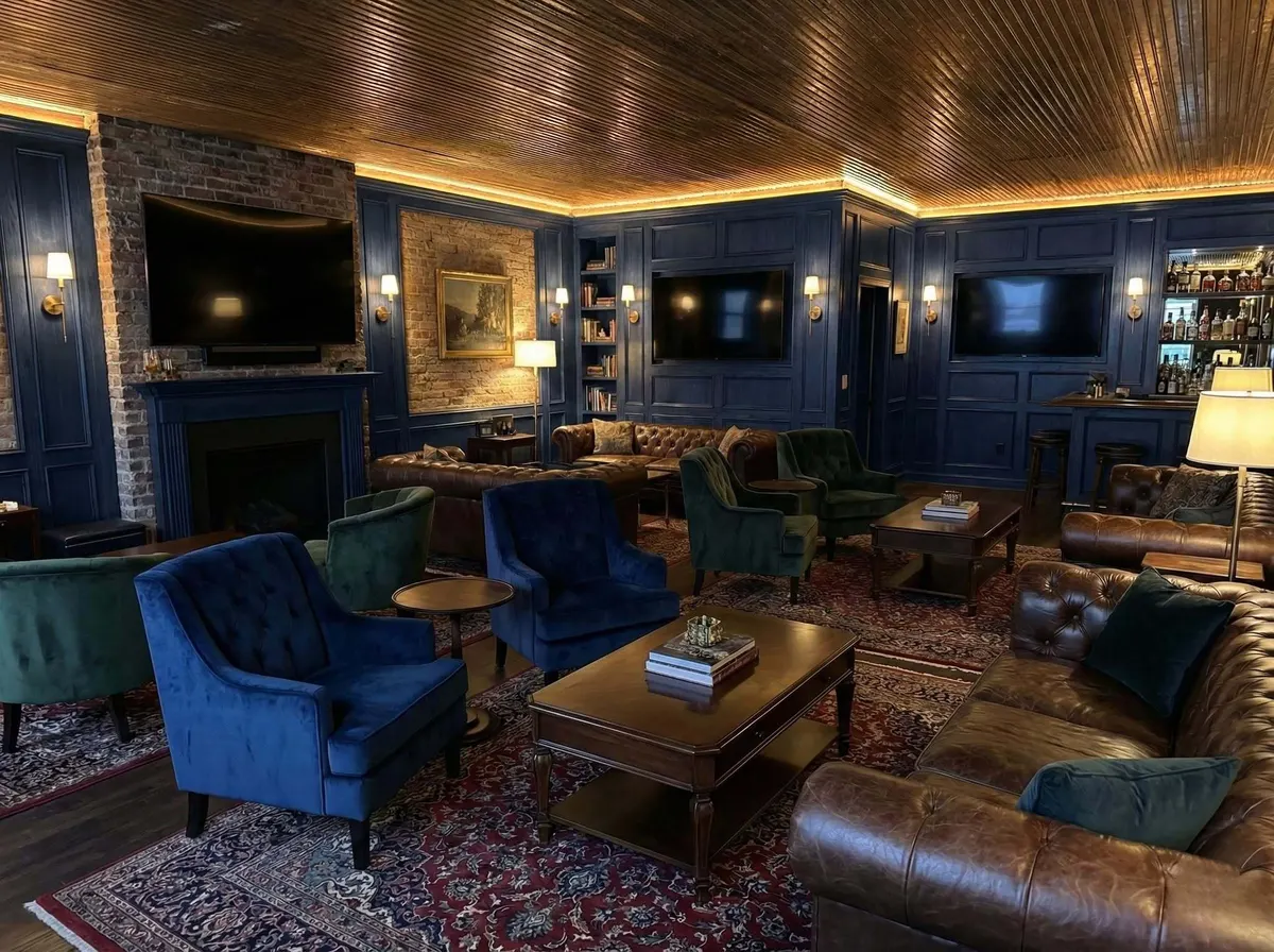 The Back Room lounge: navy panelled walls, exposed brick, leather chesterfields and warm cove lighting.